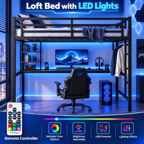 Full Size Loft Bed with Desk, USB Charging Station, LED Light and 2 Storage Shelves, Metal Heavy Duty Full Loft Bed for Adults, Teens, No Box Spring Needed, Black