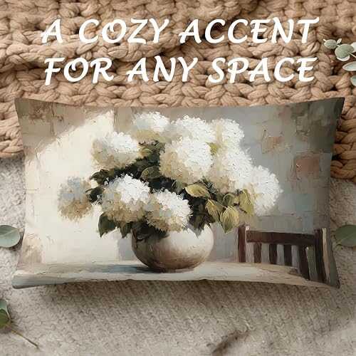 Vintage White Hydrangeas Floral Pillow Cover 12x20, Hydrangea Decor, Cottagecore Neutral Farmhouse White Flower Still Life Decorative Lumbar Pillow Cover for Couch Bed Living Room Bedroom