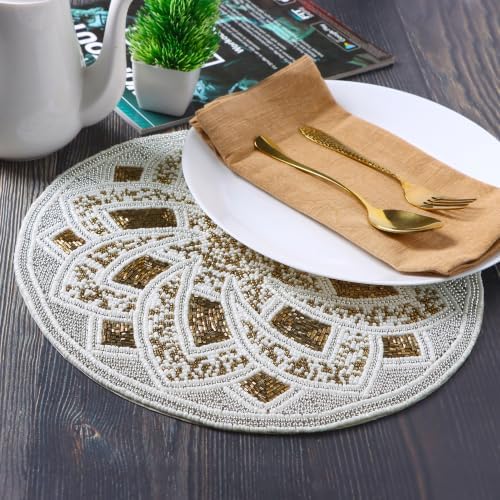 Round Glass Beaded Placemat, 13 Inch, Silver Brown