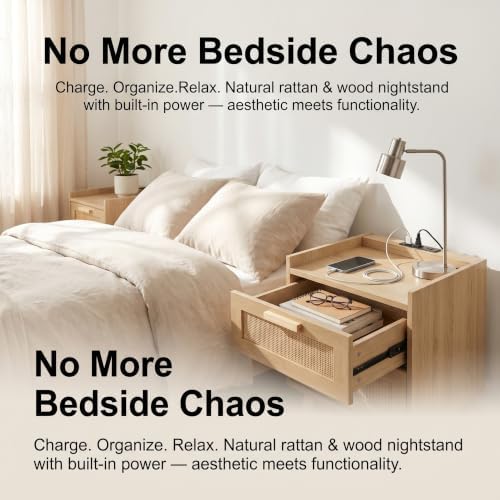 Finnhomy Nightstand with Charging Station, Bedside Table with 2 Hand Made Rattan Decorated Drawers, Night Stand with Storage for Bedroom, Natural, Set of 2