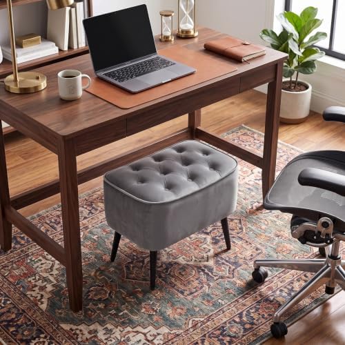 BIRDROCK HOME Tufted Curve Ottoman Velvet Foot Stool - Modern Upholstered Padded Footrest for Living Room or Bedroom - Small Cushioned Accent Chair for Couch, Sofa, or Large Seating (Grey)