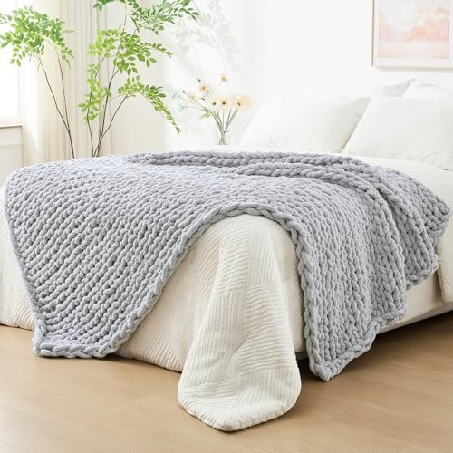 Bigacogo Chunky Knit Throw Blanket for Couch, 80x90 inches, Light Grey