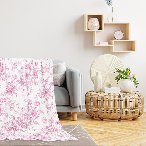 JarThenaAMCS Pink Floral Fuzzy Blanket Pink Flowers Throw Blanket Decorative Soft Cozy Flannel Blankets for Home Bed Sofa Couch Chair, 50 x 60 Inch