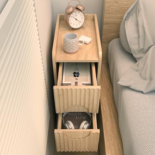 Narrow Fluted Nightstand Set of 2, Small 2 Drawer Nightstand, Wood Slim Bedside Table, Vintage End Table, Mid Century Modern Night Stand for Living Room, Bedroom, Wooden, Natural