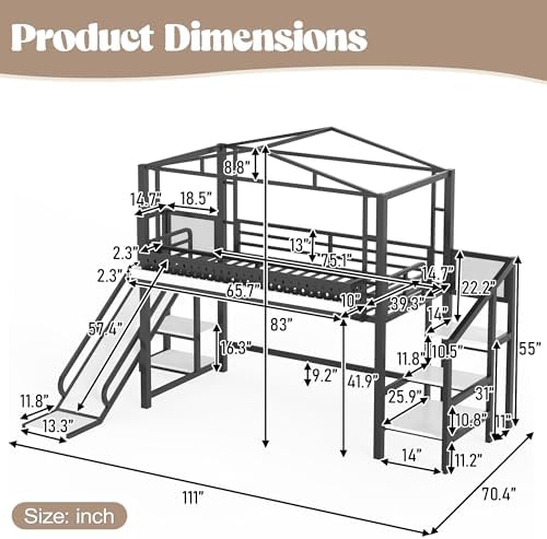 Bellemave Twin Size Metal House Loft Bed with Slide and Stairs,Black