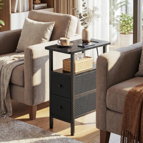 LOAKEKEL Narrow End Table with Charging Station, Small Nightstand