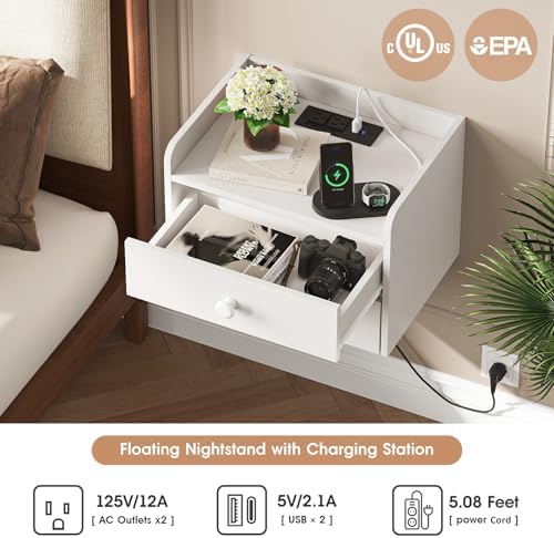 Floating Nightstand Set of 2 with 2 Storage Drawers and Charging Station