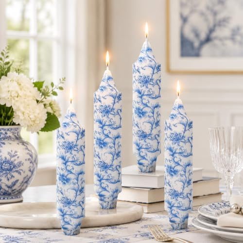 NJAO HOO Floral Taper Candles 5 Inch Short Candlesticks Hand Printed Blue and White Floral Candlesticks Unscented Tapered Candle Set for Spring Home Garden Decor, 4Pcs