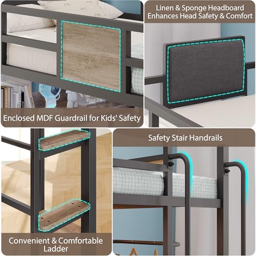 Full Loft Bed with Desk and 5 Storage Drawers, Oak Gray