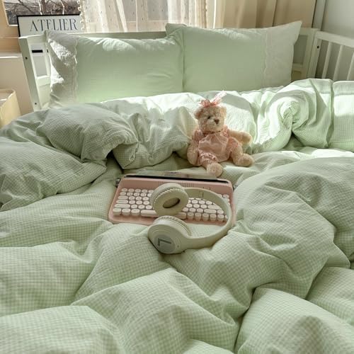 Lace Duvet Cover Set Queen(90"x90"),Green Gingham
