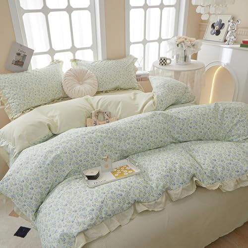 Ruffle Duvet Cover Queen Garden Style Lace Duvet Cover Soft Cotton Vintage Floral Blue Flower Bedding Set Romantic Ruffle Comforter Cover Princess Lace Bedding Botanical Comforter Cover Queen Size