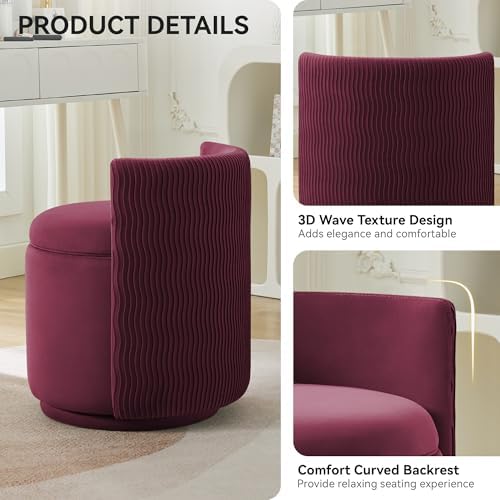 WUTUTUEE Velvet Vanity Chair with Storage, 360° Swivel Makeup Chair with Wave Back, No Assembly Small Accent Stool for Bedroom, Dressing, Living Room, Burgundy