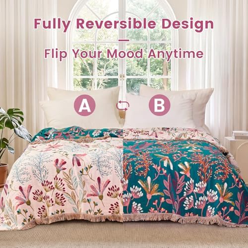 MSGKV Boho Throw Blanket 60"x80" 100% Cotton Floral Blanket for Couch Bed