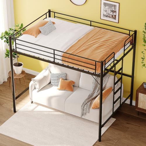 VINGLI Loft Bed Full Size with Flat Rungs for Adults, Kids and Young Teens, No Box Spring Needed,Heavy Duty Metal Slat Support,Black