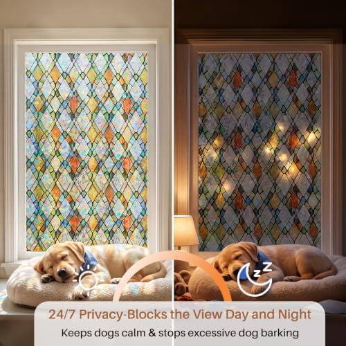 Sunbaby Stained Glass Winodw Film, Rainbow Lattice Stickers, 29.5"x78.7"