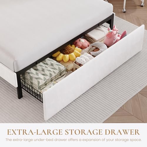 SHA CERLIN Full Size Bed Frame with LED Lights and Storage Drawer, White