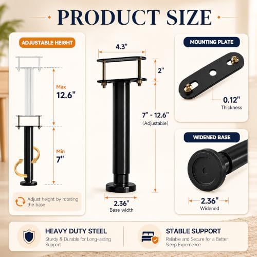 2Pcs Adjustable Height Bed Frame Support Leg, Extra Sturdy Steel Bed Frame Support Legs with Wider Rubber Base, More Stable/Quieter, Bed Slat Reinforcement Kit for King/Queen Bed (7"-12.6")