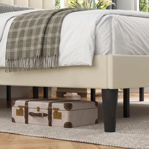 VECELO King Size Bed Frame with Upholstered Headboard, Velvet Platform Bedframe Mattress Foundation, Strong Wood Slat Support, No Box Spring Needed,Velvet Beige