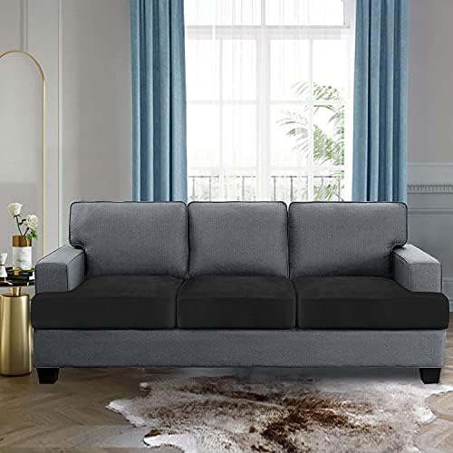 H.VERSAILTEX Stretch Velvet 3 Piece T Cushion Sofa Slipcovers - Individually Fitted Cushion Covers for 3 Cushion Couch - Stay in Place (Black)