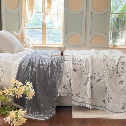 Simple&Opulence Cotton Muslin Blanket Queen Size 90"x90", Reversible Yarn-Dyed Vintage White Floral Jacquard, 3-Layer Gauze with Tassels, Soft Lightweight Breathable All-Season Bedspread for Bed Couch