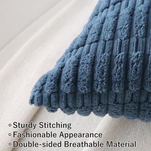 2 Pack Corduroy Decorative Throw Pillow with Inserts, 20x20 Inch Soft Boho Throw Pillow, Square Striped Throw Pillows for Couch, Bed, Sofa Decor (Blue)