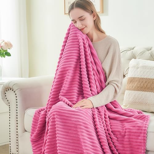 BEDELITE 3D Ribbed Hot Pink Fleece Throw Blanket for Couch, 50x60 Inch