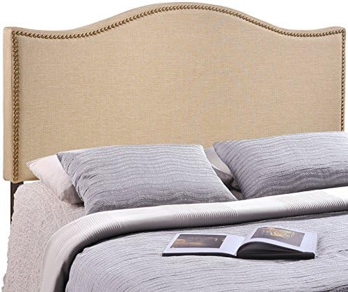Modway Curl Linen Fabric Upholstered Queen Headboard with Nailhead Trim and Curved Shape in Café
