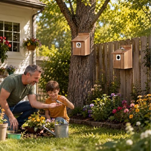 Dreyoo 4 Pack Bluebird Houses for Outside with Metal Predator Guard, 1-1/2" Entrance Hole Wooden Blue Bird Houses for Outdoors, Bluebird Nesting Box(Burnt Wood)