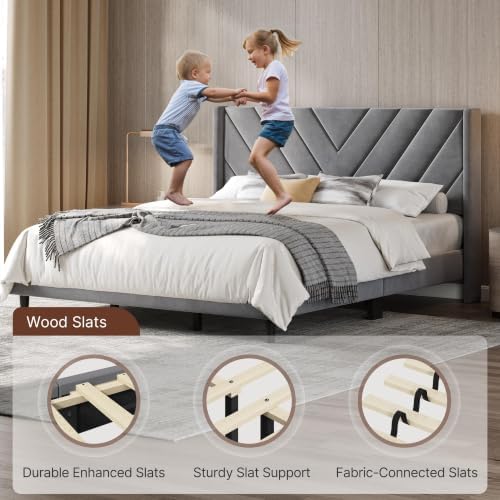 Yaheetech King Bed Frame with Chevron Channel-Tufted Headboard, Light Gray