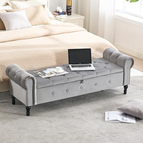 Storage Bench 67" Velvet End of Bed Benches Light Grey
