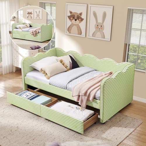 Twin Size Daybed with Storage Drawers, Linen Gingham Daybed with USB Ports & Wave Shaped, Upholstered Day Bed Frame, Modern Sofa Bed for Living Room/Bedroom/Guest Room, No Box Spring Needed, Green