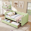 Twin Size Daybed with Storage Drawers, Linen Gingham Daybed with USB Ports & Wave Shaped, Upholstered Day Bed Frame, Modern Sofa Bed for Living Room/Bedroom/Guest Room, No Box Spring Needed, Green
