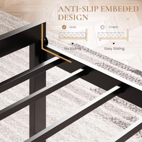 SHA CERLIN King Size Metal Bed Frame with PU Tufted Headboard, Black