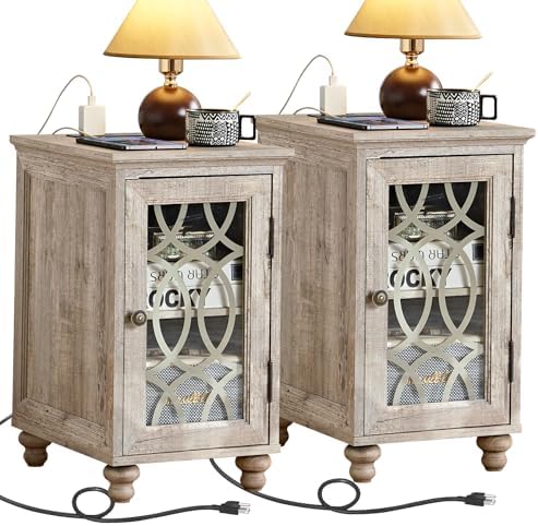 Joaxswe Narrow Side Table Set 2 with Charger, Glass Door Storage