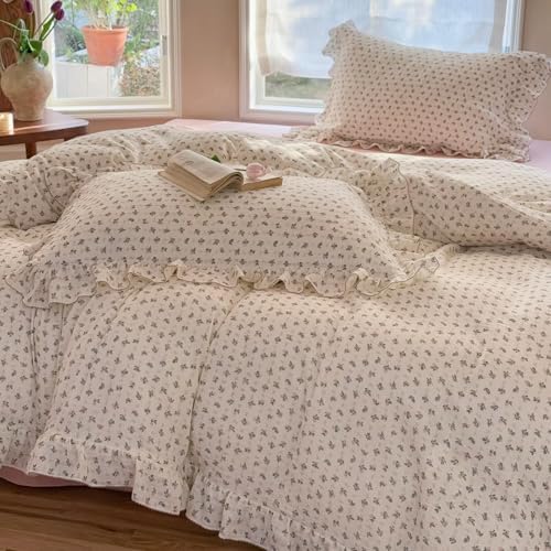 BuLuTu Cotton Muslin Duvet Cover Twin Size, Cottagecore Floral Print Bedding Set 3 Pieces, Soft Breathable Princess Ruffled Comforter Cover for Girls Kids Teens Toddlers, All Seasons