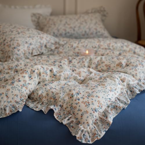 Vintage Ditsy Floral Print Duvet Cover Set Queen,Blue Flower