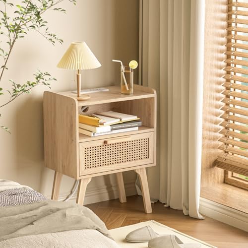 Lerliuo Rattan Nightstand with Charging Station, Boho Night Stand