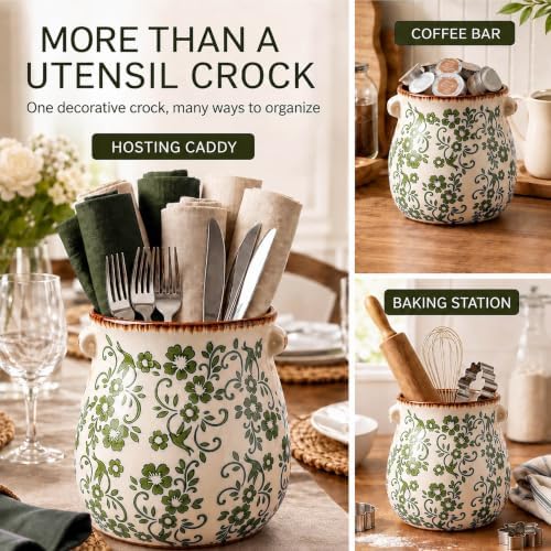 Green Ceramic Utensil Holder for Countertop, Vintage Floral Utensil Crock