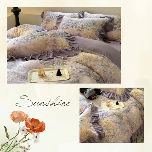 Double Gauze Duvet Cover Set Twin Puprle Ruffle with Flower