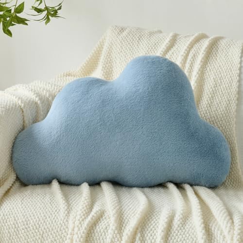 Cloud Pillows, Decorative Throw Pillow with Soft Plush for Couch Bed, Cloud Shaped Pillow Room Decor with Fluffy Faux Rabbit Fur for Living Room Bedroom (Grey Blue, 14.5x22.4 Inches)