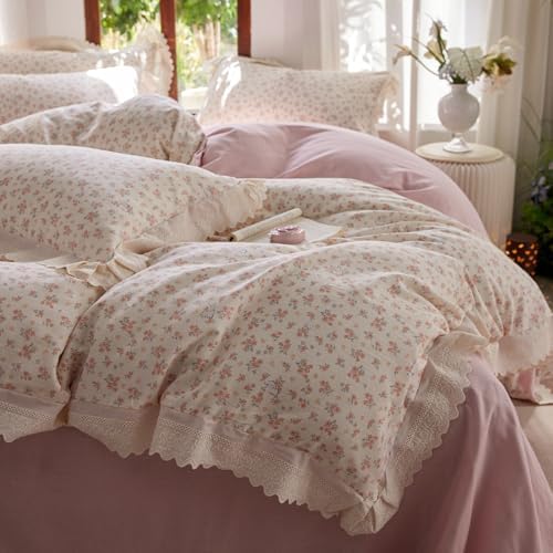LifeTB Botanical Floral Duvet Cover Twin XL, Soft Cotton Muslin Duvet Cover with Ruffle Lace, Breathable Linen Like Gauze Comforter Cover, Pink Flower Cute Rabbilt Botanical Bedding Set Twin XL