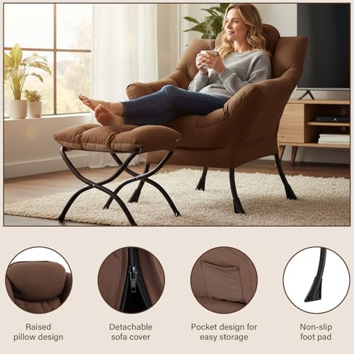 Welnow Lazy Chair with Ottoman, Reading Chair with Footrest,Dark Brown
