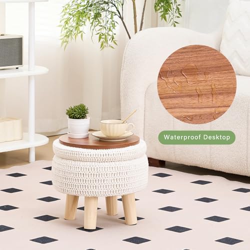 13" Round Handmade Cotton Knitted Boho Small Storage Ottoman with Wood Legs