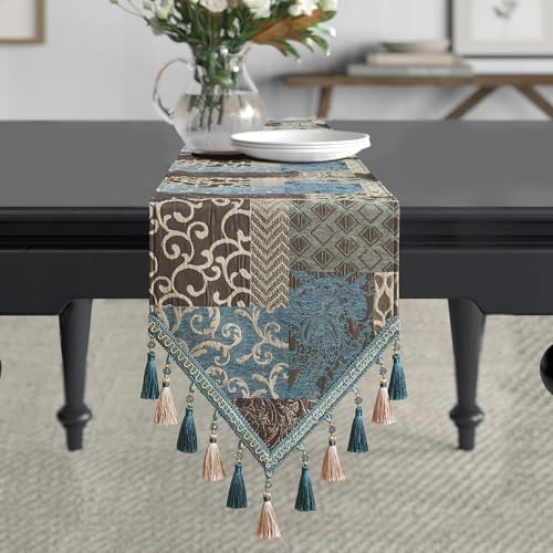 Loom and Mill Luxury Damask Patchwork Table Runner 90 Inches Long, Blue