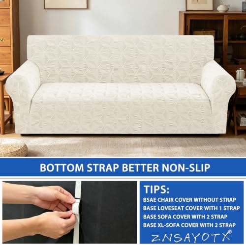 ZNSAYOTX Stretch Couch Cover, 1 Piece Sofa Covers for 3 Cushion Couch, Jacquard Sofa Slipcovers with Elastic Bottom Thickened Furniture Protector for Dog Cat Pet (Large, Beige)