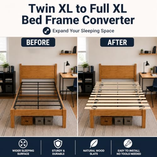 Twin XL to Full XL Bed Frame Converter with 10 Straps, 54 x 80 Inch Foldable Wood Bunkie Board, Heavy Duty Wooden Bed Slats Extension for Mattress Support, Dorm Bed Upgrade & Extra Sleeping Space