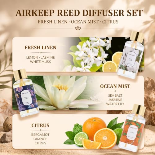 Airkeep Reed Diffuser Set, 3 Pack Fresh Linen Ocean Mist Citrus Fragrance Oils for Home, Long Lasting Aroma with Reed Sticks for Bedroom, Bathroom, Living Room & Office