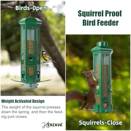 Squirrel Proof Bird Feeders with Removable Base, Metal Wild Bird Feeder for Outdoors Hanging, 6 Weight-Activated Ports Perches, 3LB Seed Capacity(Green)