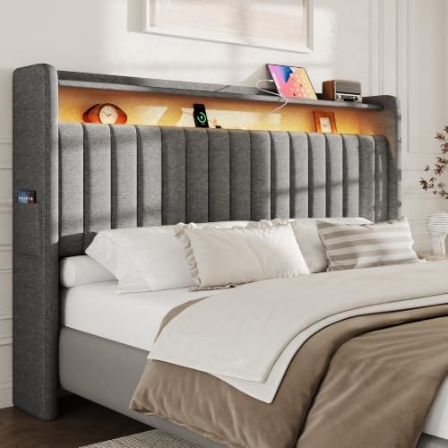 S.E.C.D Upholstered King Size Headboard Only with 2-Tier Storage, Dark Gray