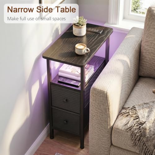 LOAKEKEL Narrow End Table with Charging Station, Small Nightstand